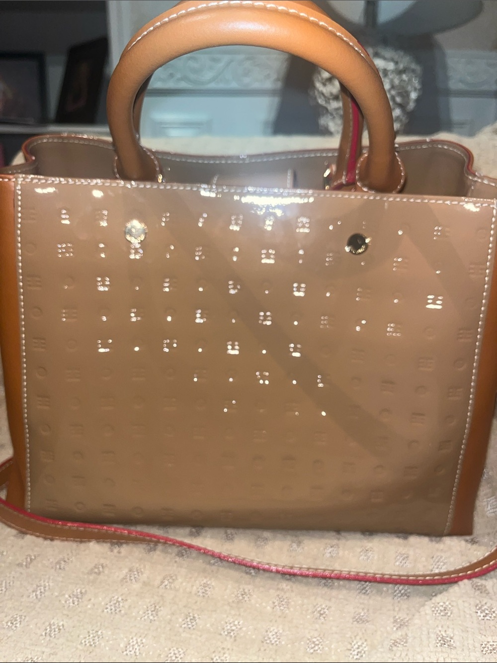 Arcadia Tan Patent Tote with Red-Trim Strap